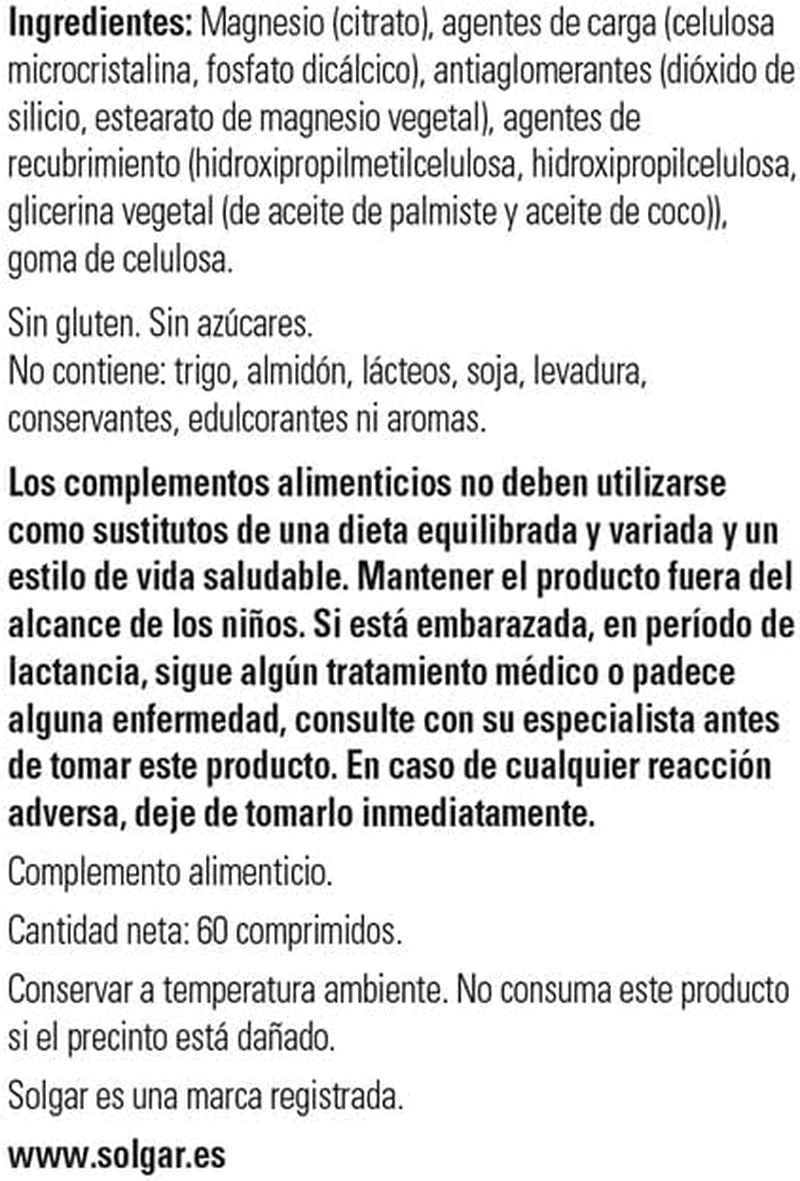 Solgar Citrato De Magnesio | Fácil Absorción | 60 Tabletas | Favorece El Sistema Nervioso Y Muscular · Aumenta La Energía Y Reduce El Cansancio